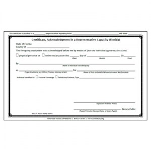 Acknowledgment Certificate Pad (Representative Capacity)